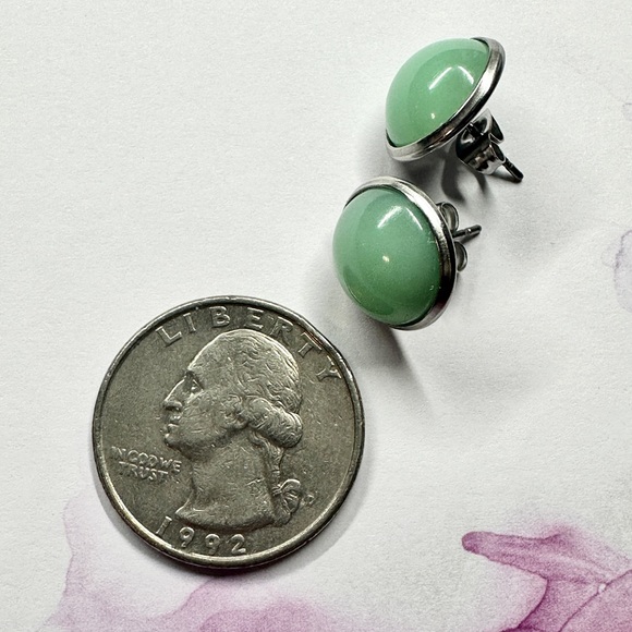 Jade Inspired Stud Earrings, Handmade Resin Jewelry, 12mm - Picture 3 of 5